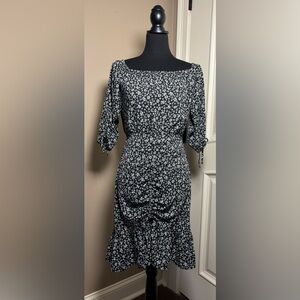 Zara Black & White Flirty Ditsy Floral Ruched Mini Dress Off-the Shoulder Sz XS